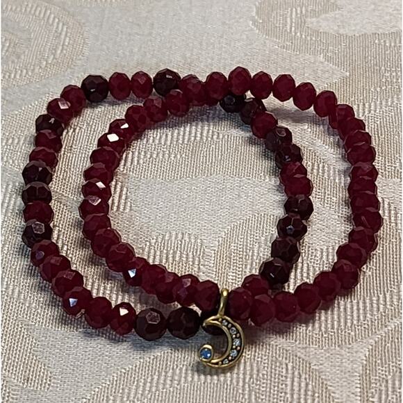 VINTAGE Red Ruby Glass Initial "C" Charm 2 Stretch Bracelets Set - Picture 3 of 5